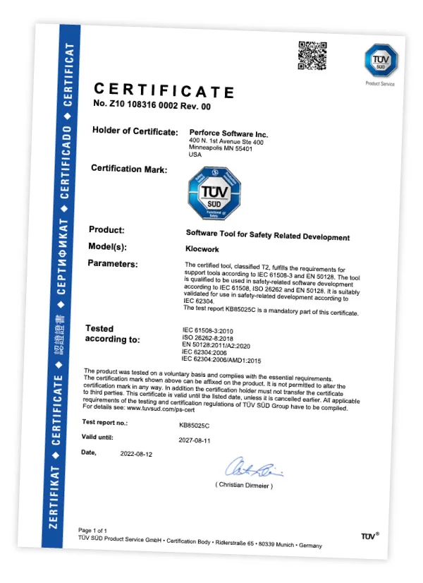 Klocwork is independently certified for compliance for SCA Software Quality & Security